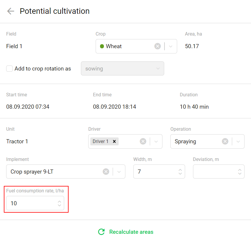 Fuel cinsumtion rate in a cultivation