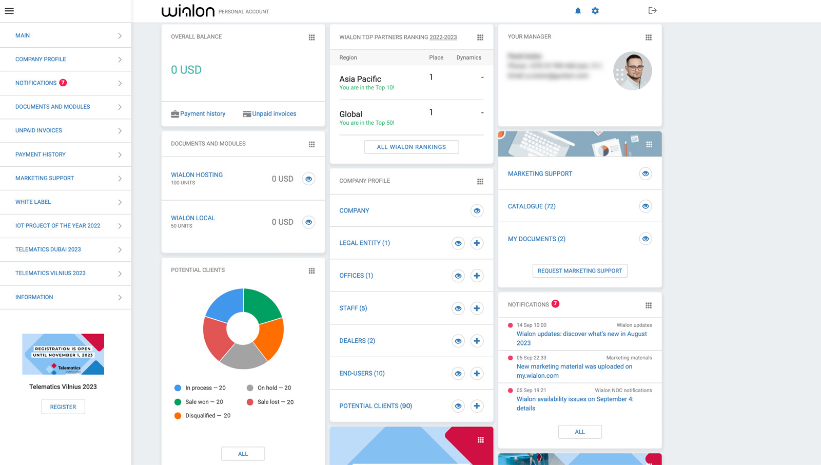 my.wialon.com — Tableau de bord et menu latéral