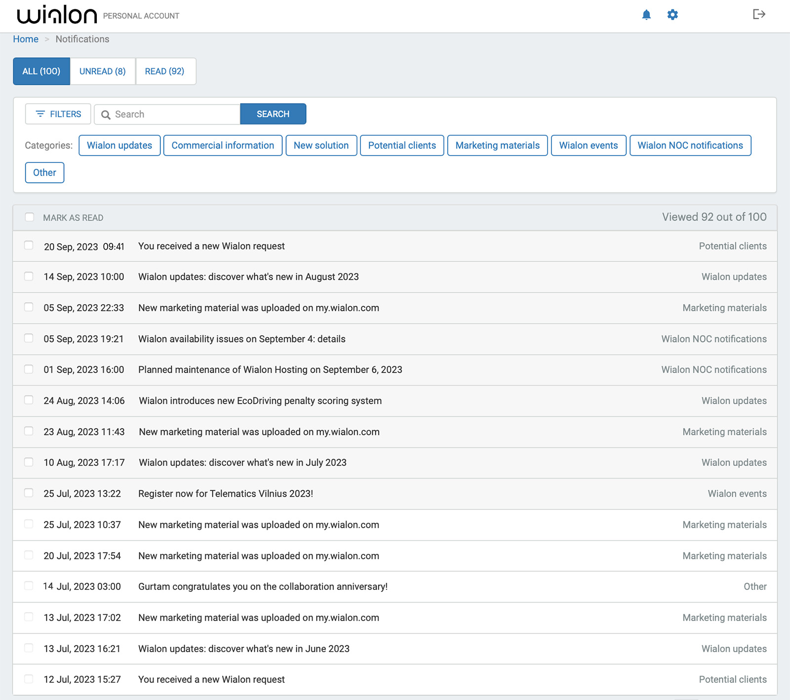 my.wialon.com — Flux de notifications