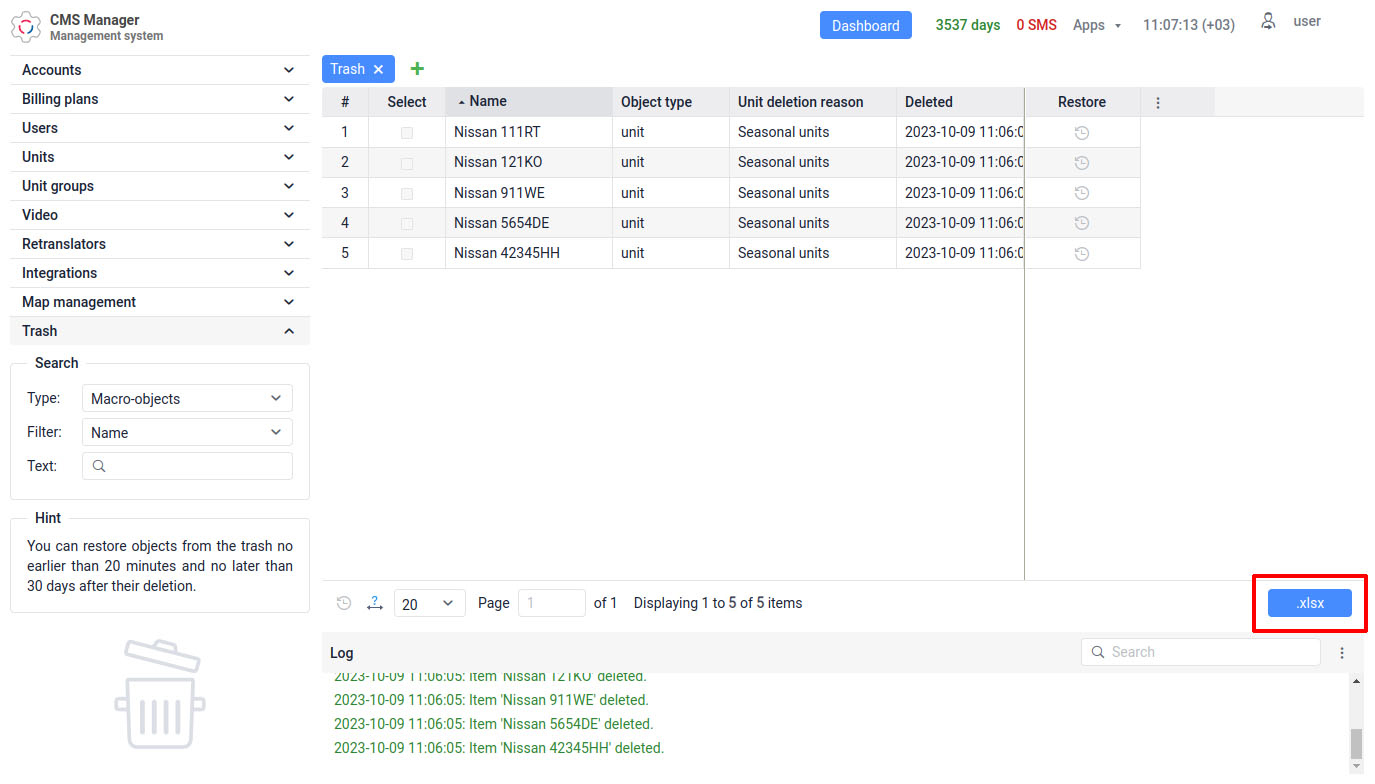 Exportation du tableau des objets supprimés