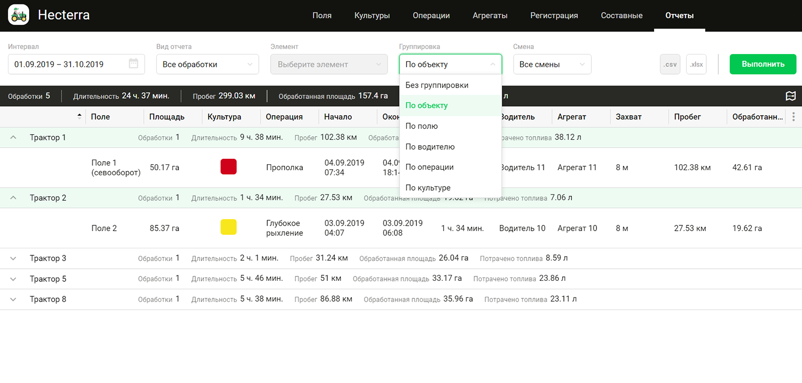Группировка в отчетах в приложении Hecterra