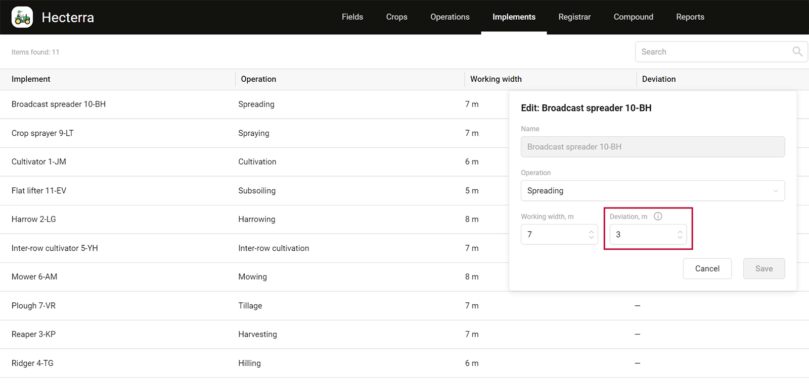 The Deviation implement setting in Hecterra
