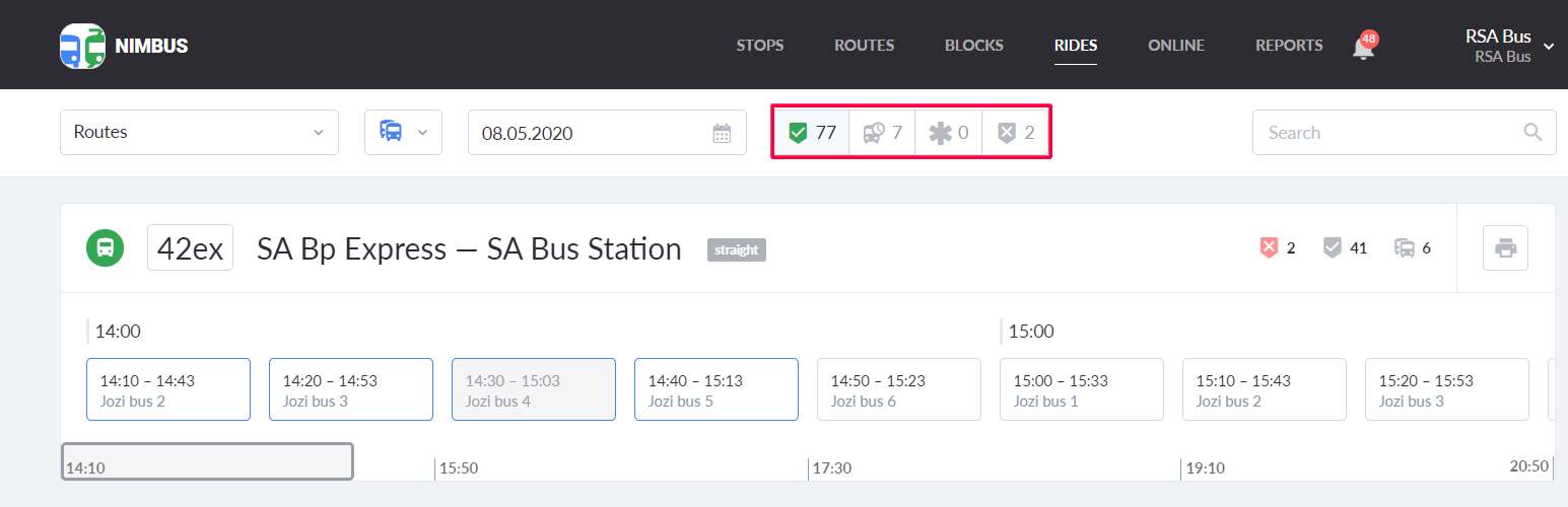 Filtration on the Rides page in NimBus