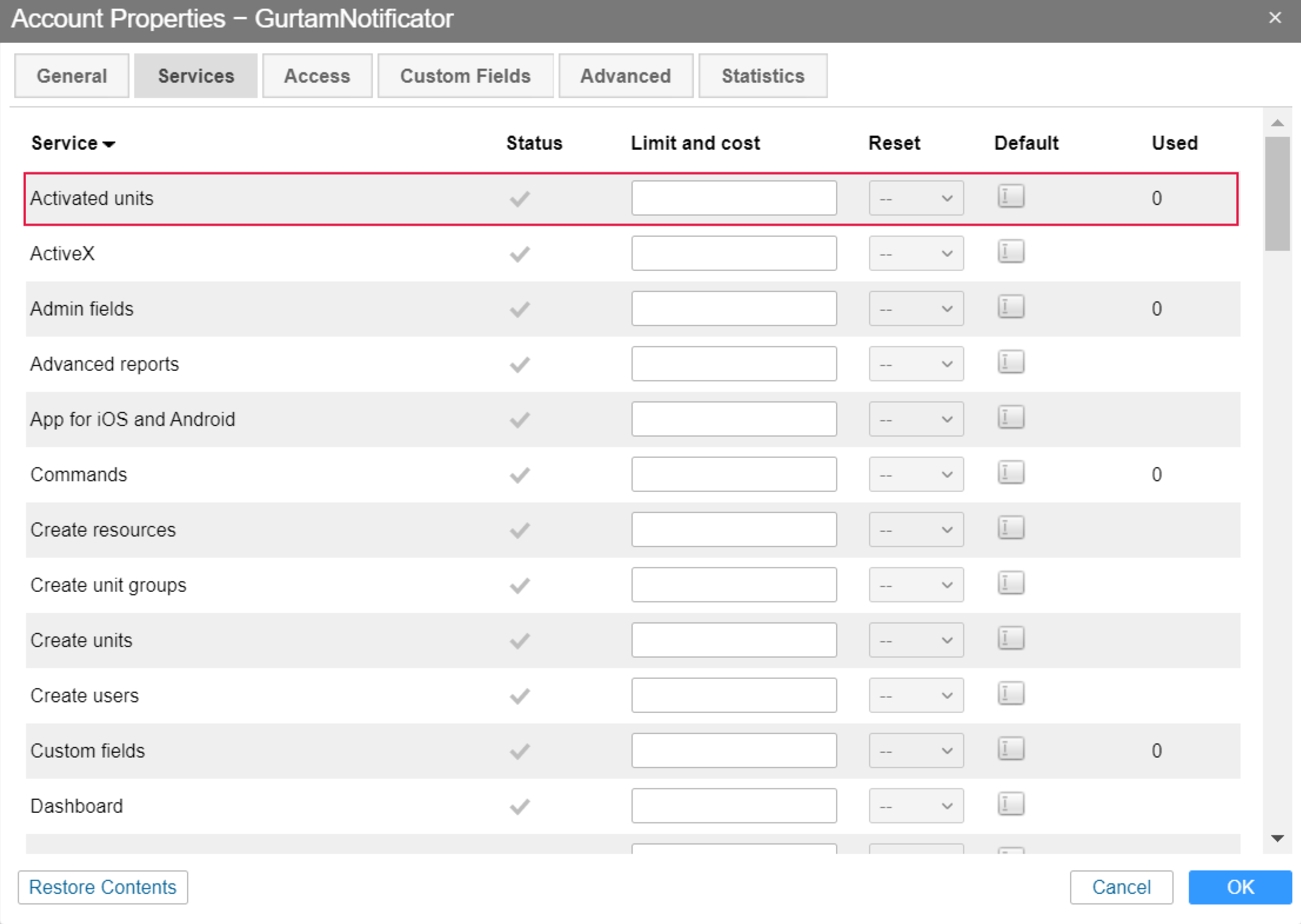 Nouveau service dans CMS: Unités activées