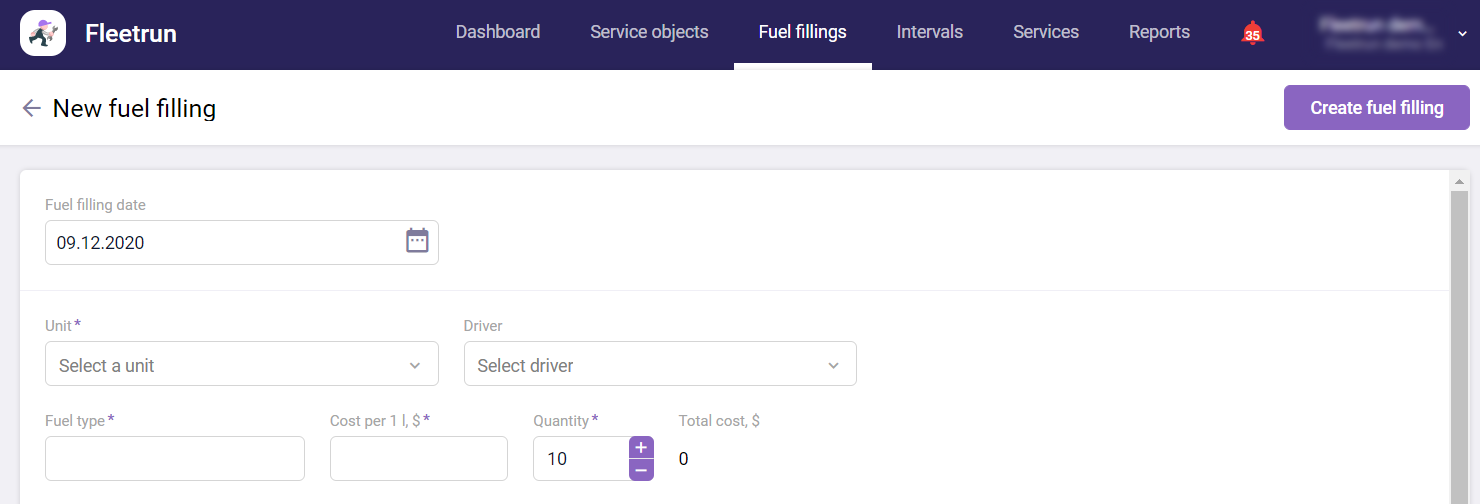 Création de remplissages de carburant pour les unités de la flotte dans Fleetrun