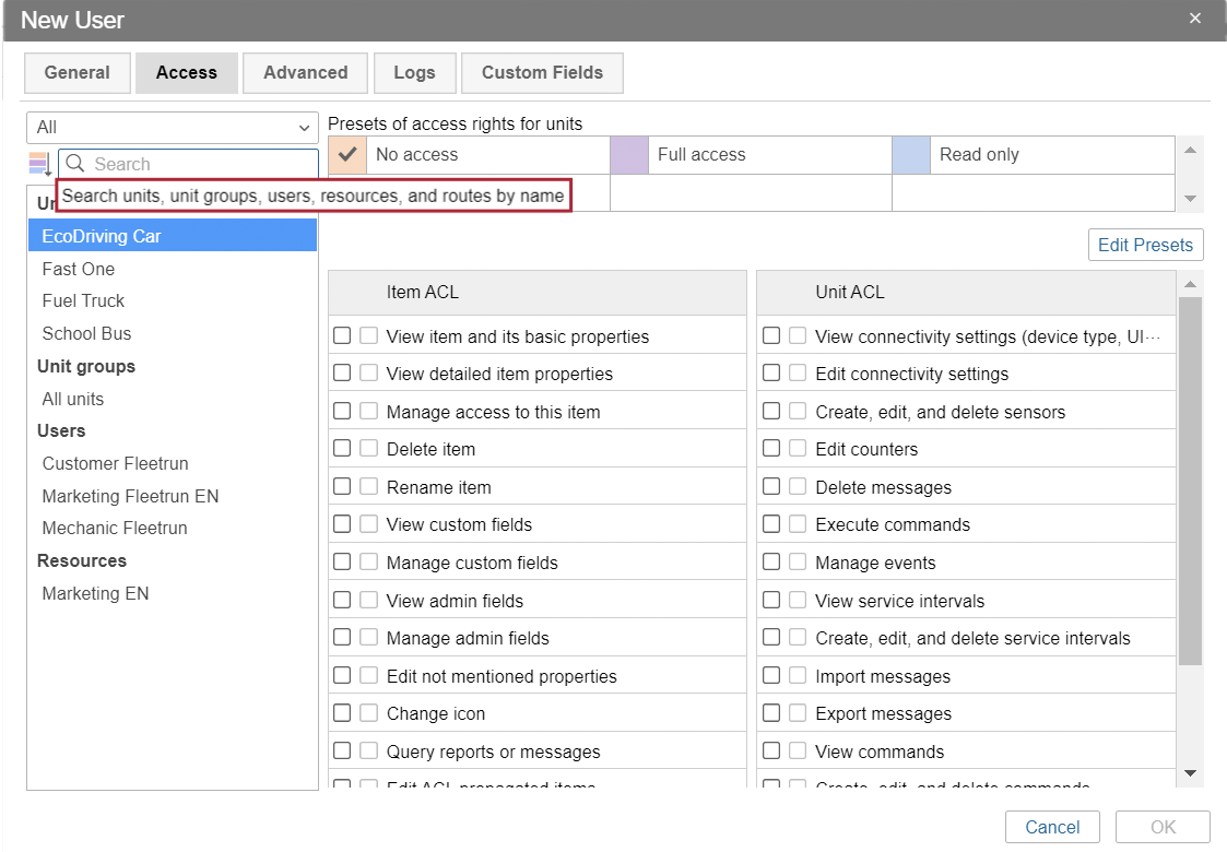 The Access tab in Wialon