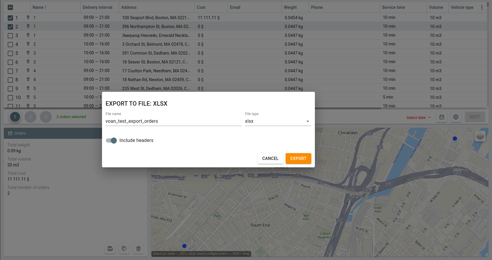 Exportation des commandes