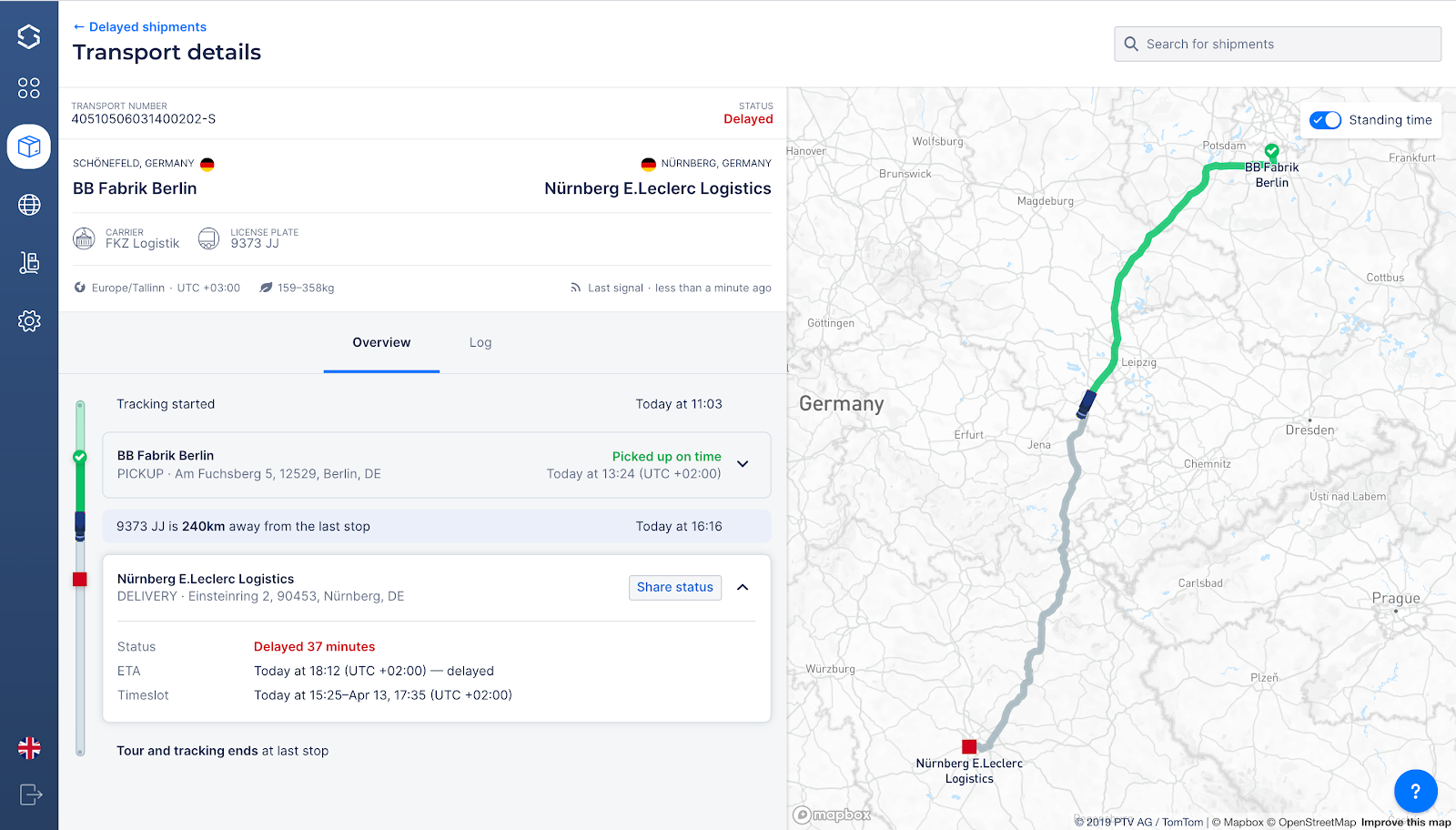 Информация о статусе доставки и предполагаемом времени прибытия в системе Sixfold  