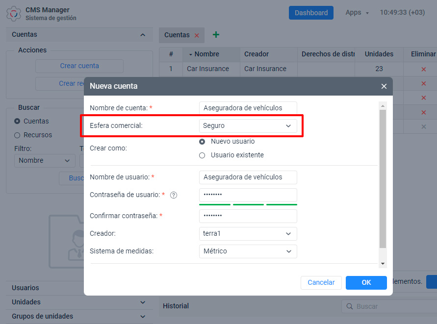 Campo Area de negocio en CMS