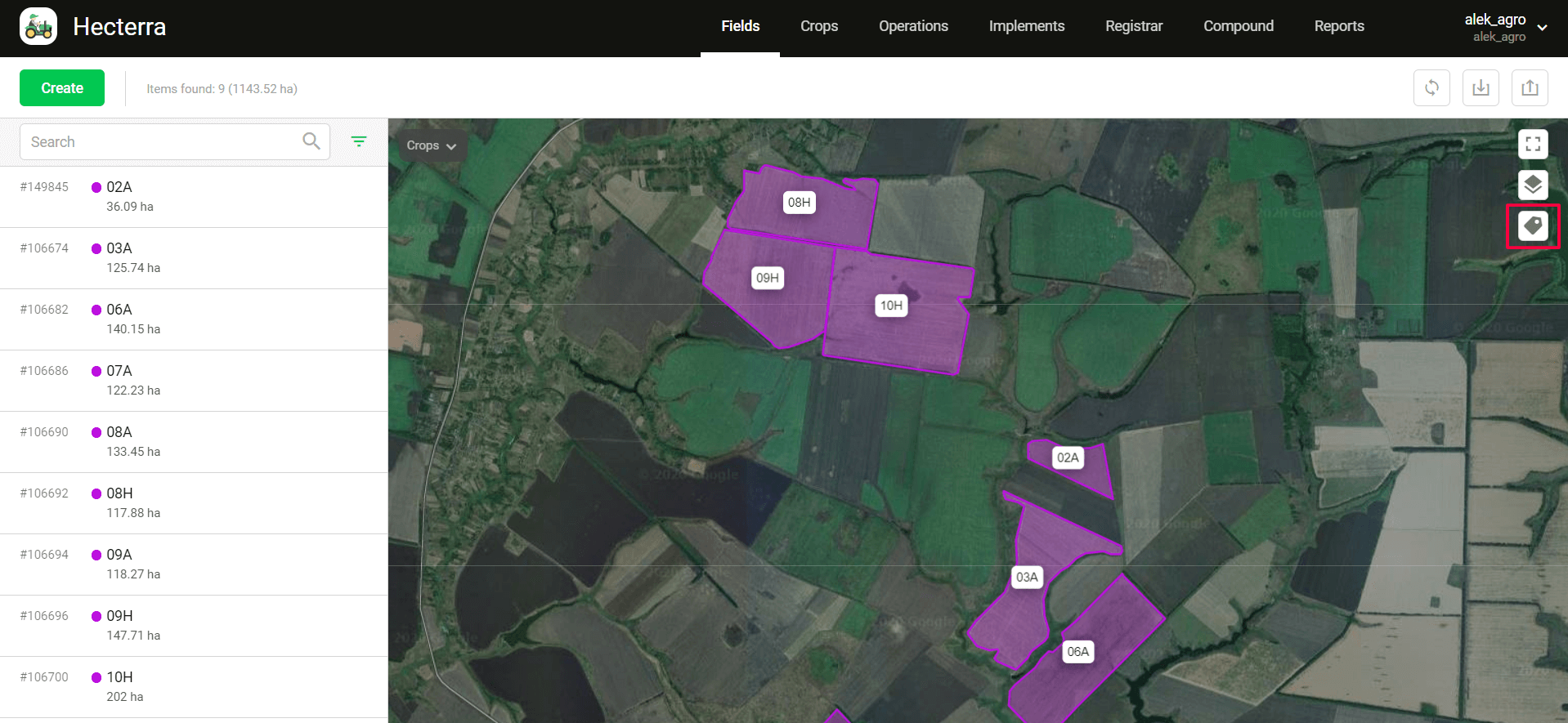 Field names on the map in Hecterra