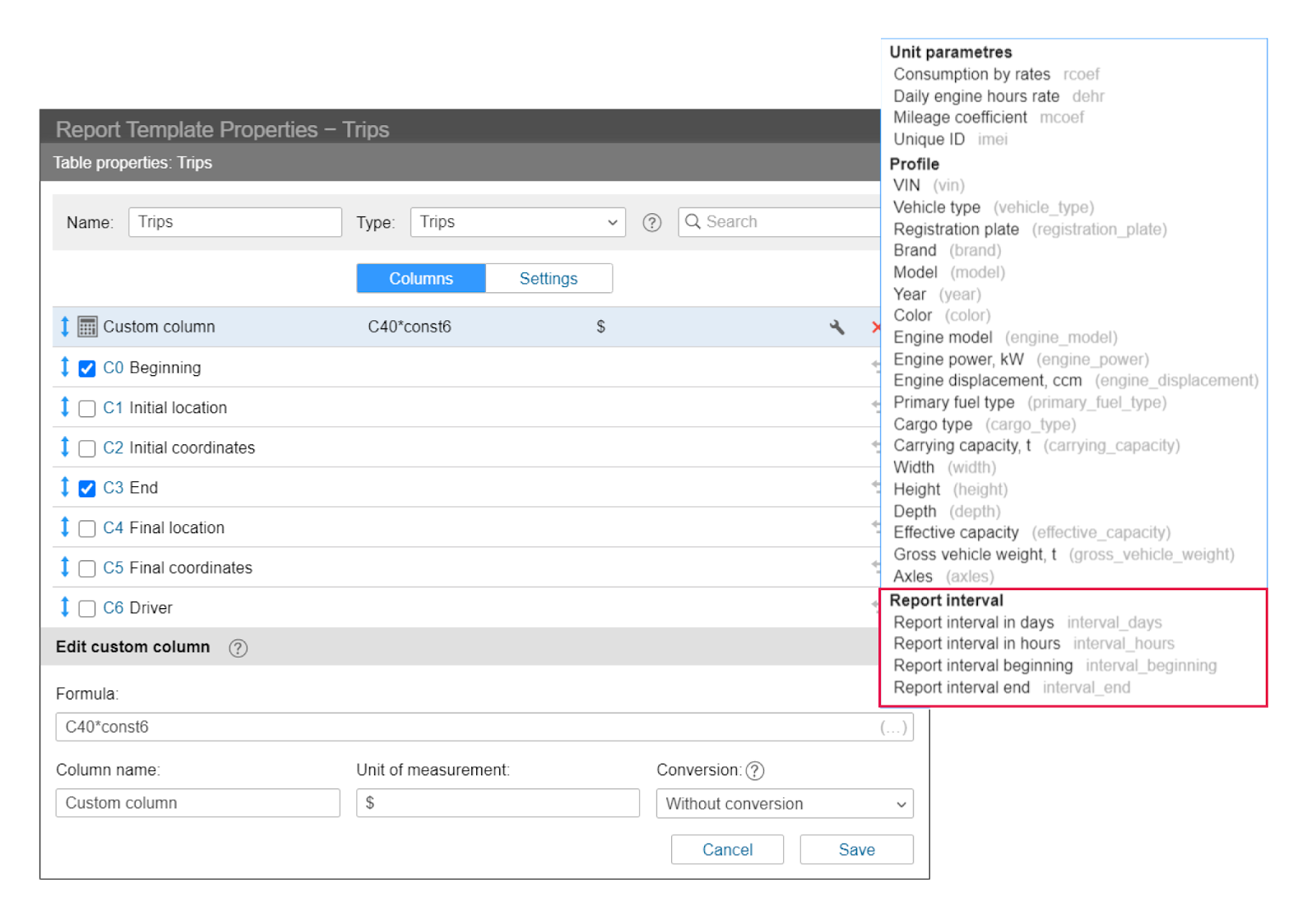 Option d'affichage du début et de la fin de l'intervalle de rapport
