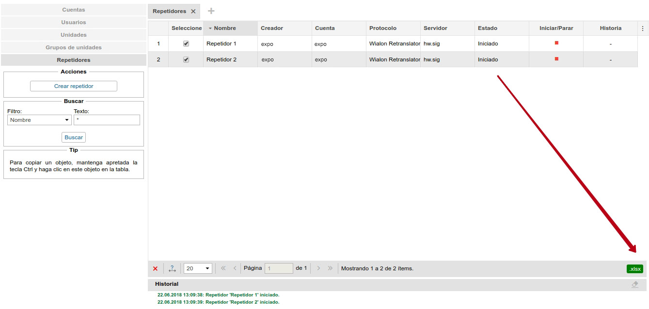 Exportación de repetidores: la lista de unidades y los ID nuevos en un archivo