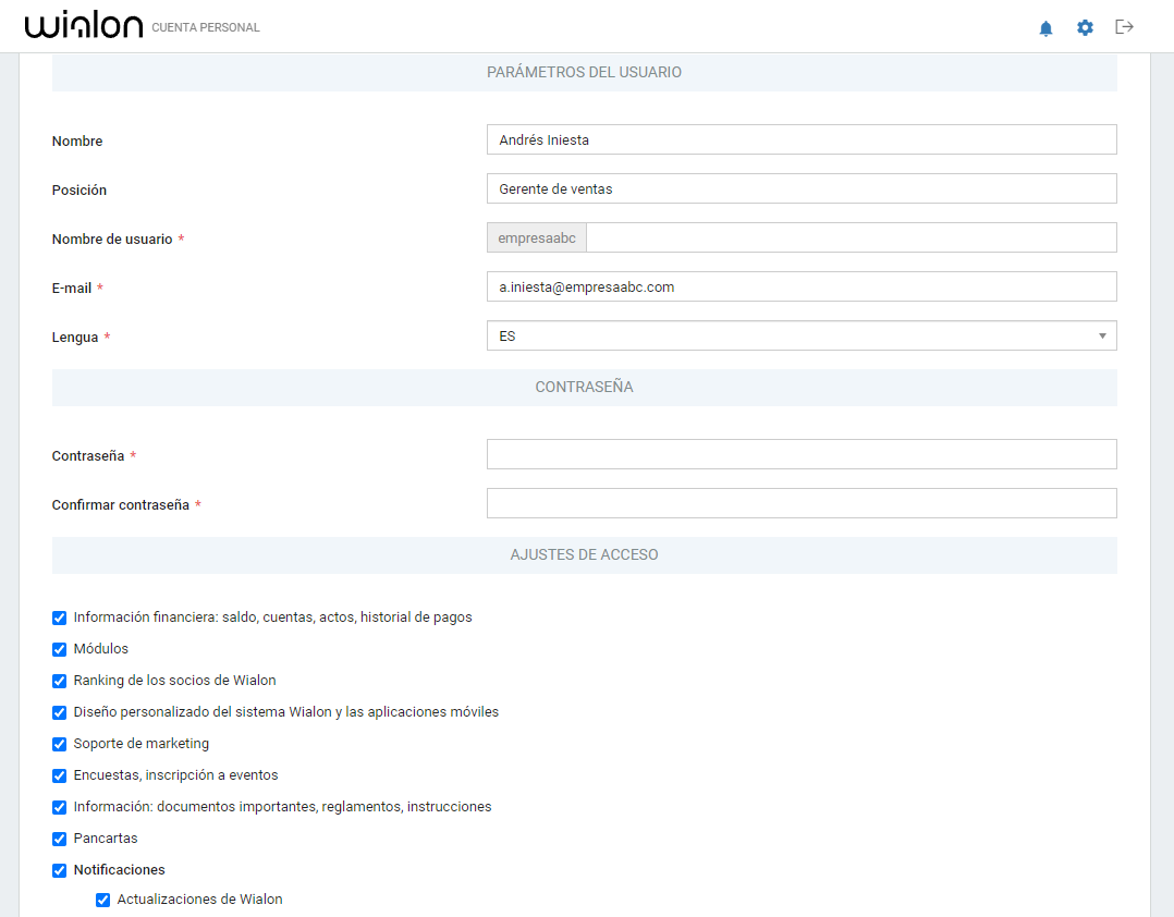 my.wialon.com — Configuración de derechos de acceso