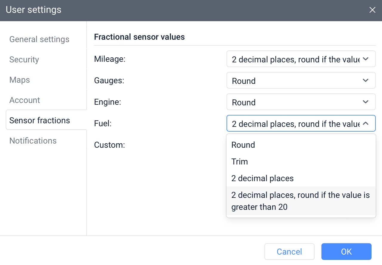Configuring the sensor fractions in the user settingsConfiguration des fractions de capteurs dans les paramètres utilisateur