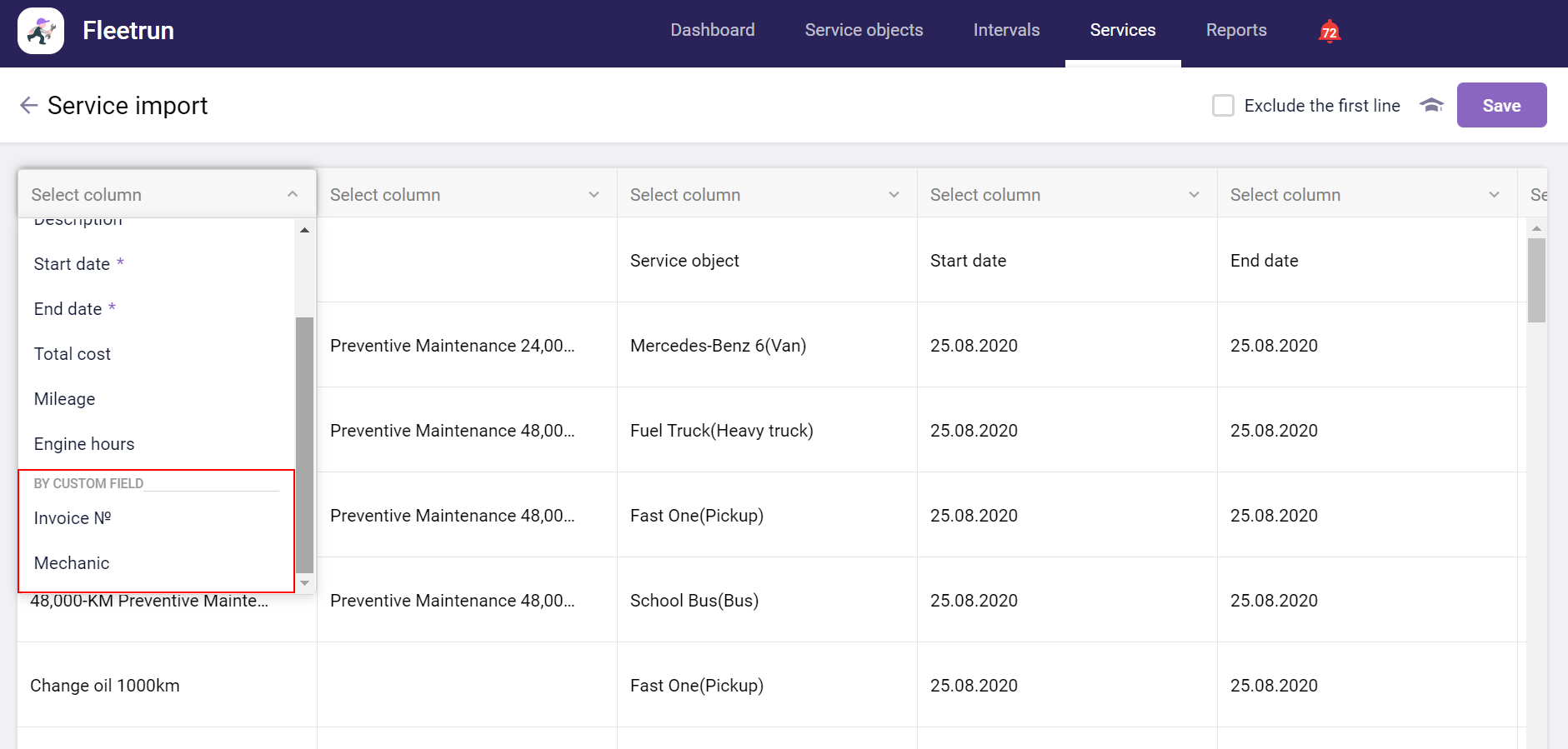 Ajout de champs personnalisés pour l'importation de services - Fleetrun