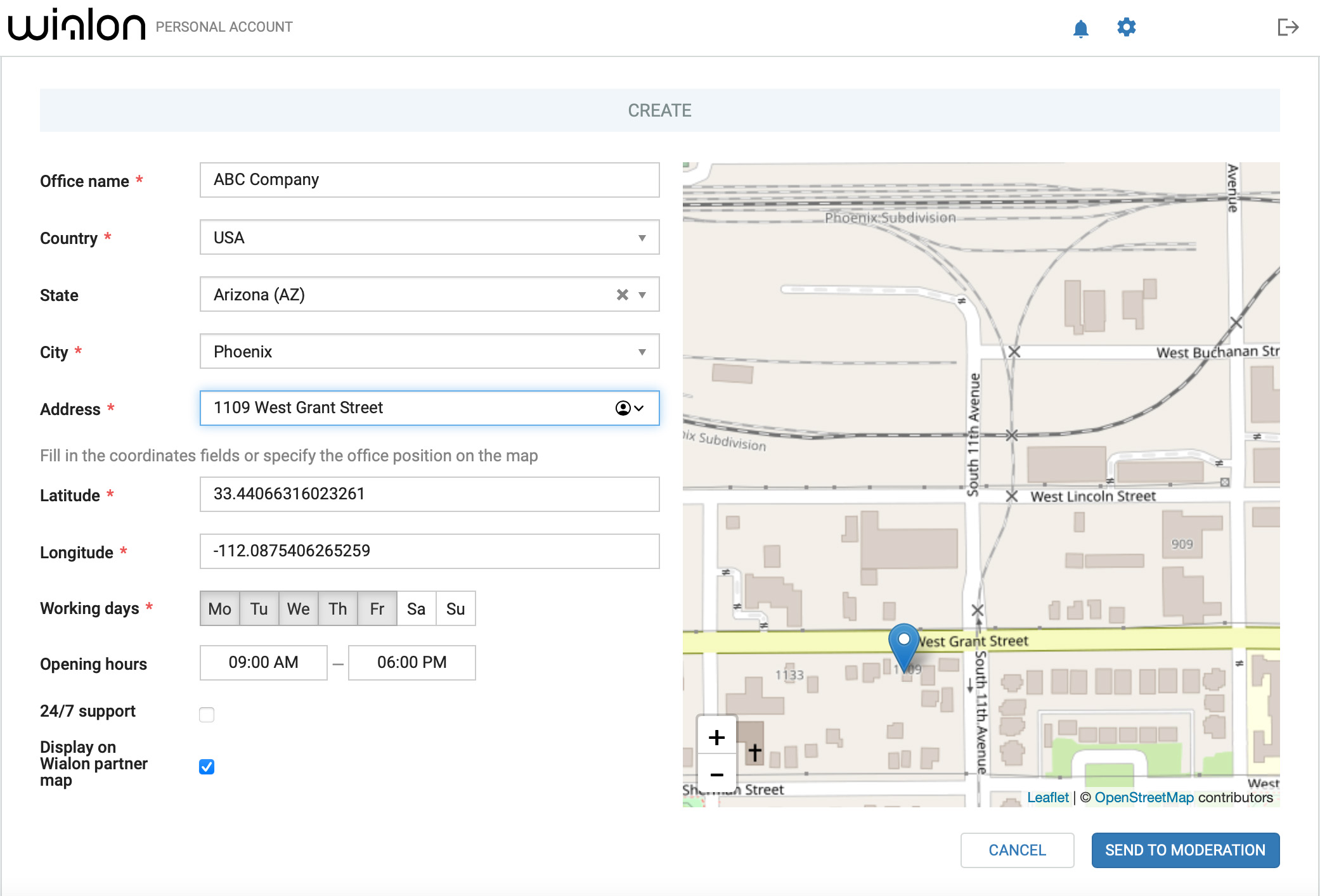 my.wialon.com — Ajout d’informations sur les bureaux de l'entreprise