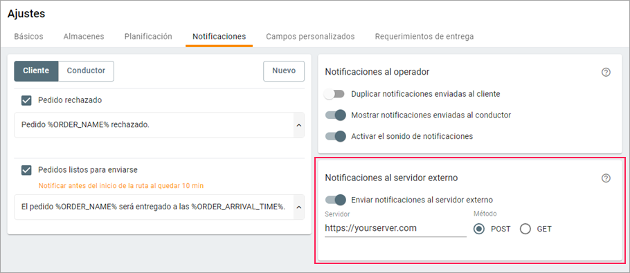 Notificaciones al servidor externo