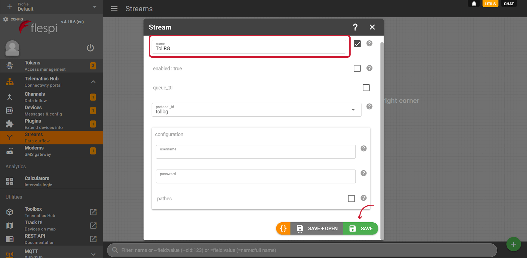The configuration to input your BG Toll username and password