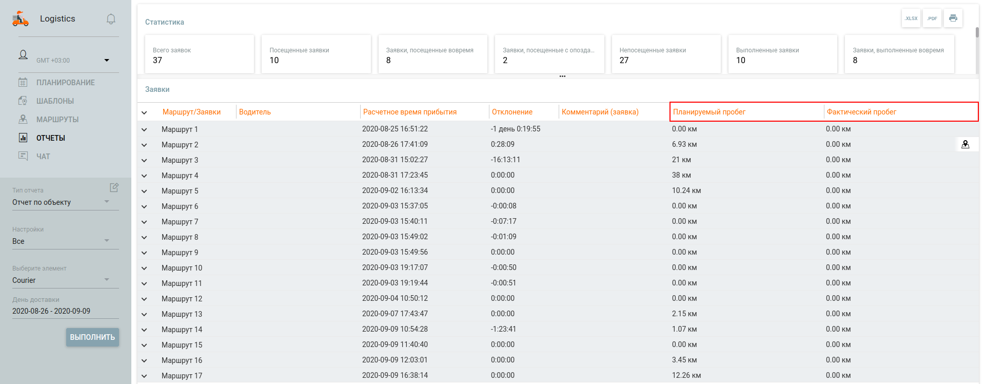 Планируемый и фактический маршруты в Logistics