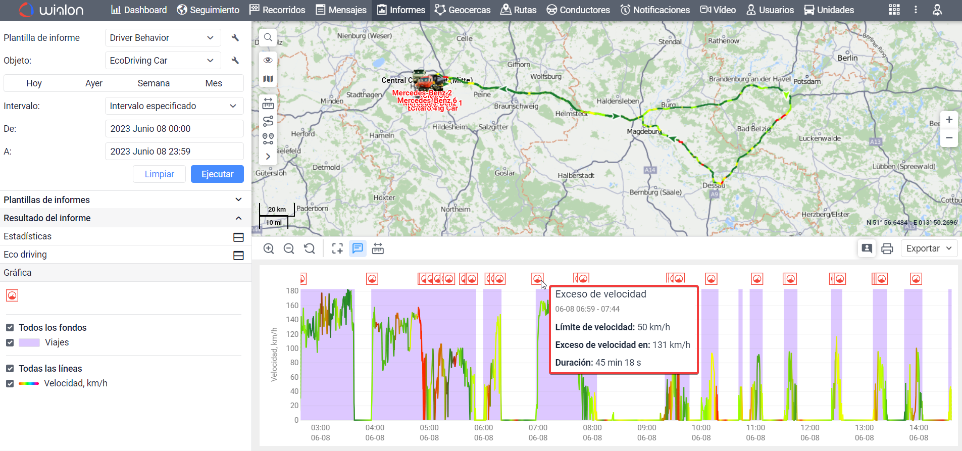 Descripción emergente para marcador de exceso de velocidad