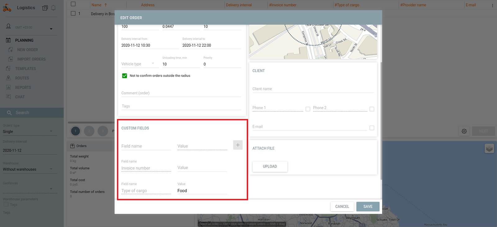 Logistics Améliorations de l'onglet "Champs personnalisés"