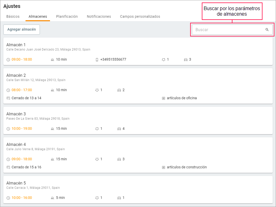 the cards on the Warehouses tab 