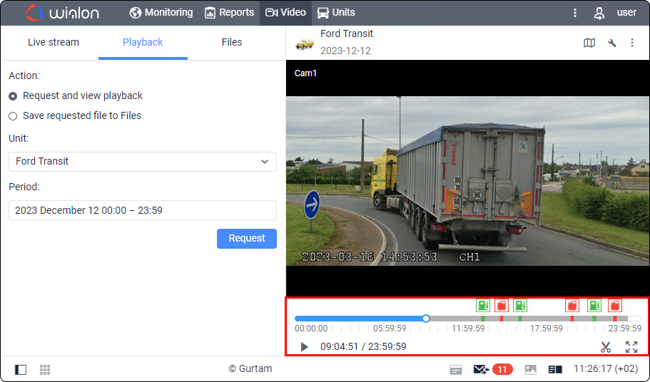 Ravitaillements et déversements de carburant affichés sur la timeline vidéo