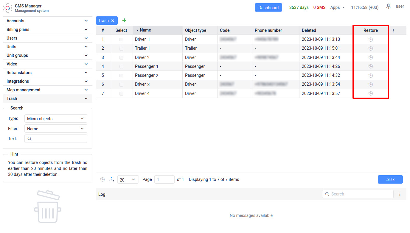 Restauration des conducteurs, passagers et remorques depuis la Corbeille