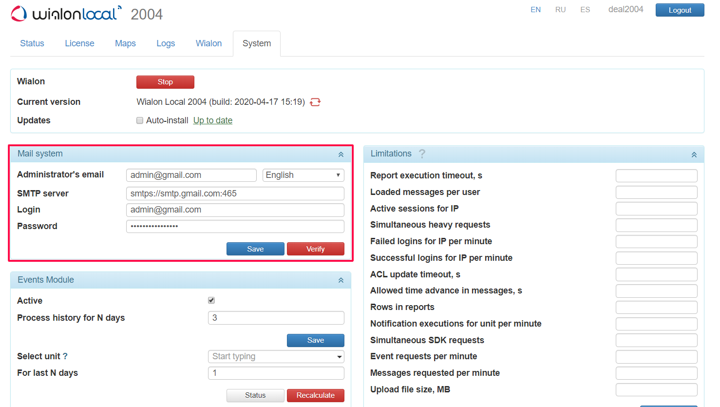 Mail settings on the System tab in Wialon Local