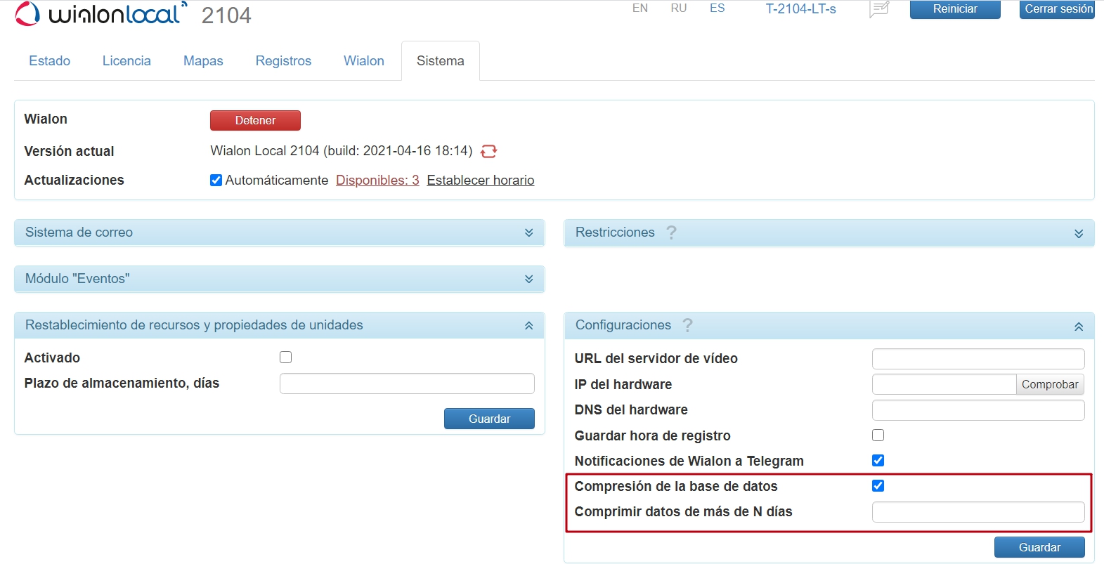 Configuración del período de compresión de la base de datos
