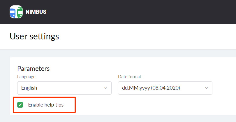 Enable help tips checkbox in User settings in NimBus