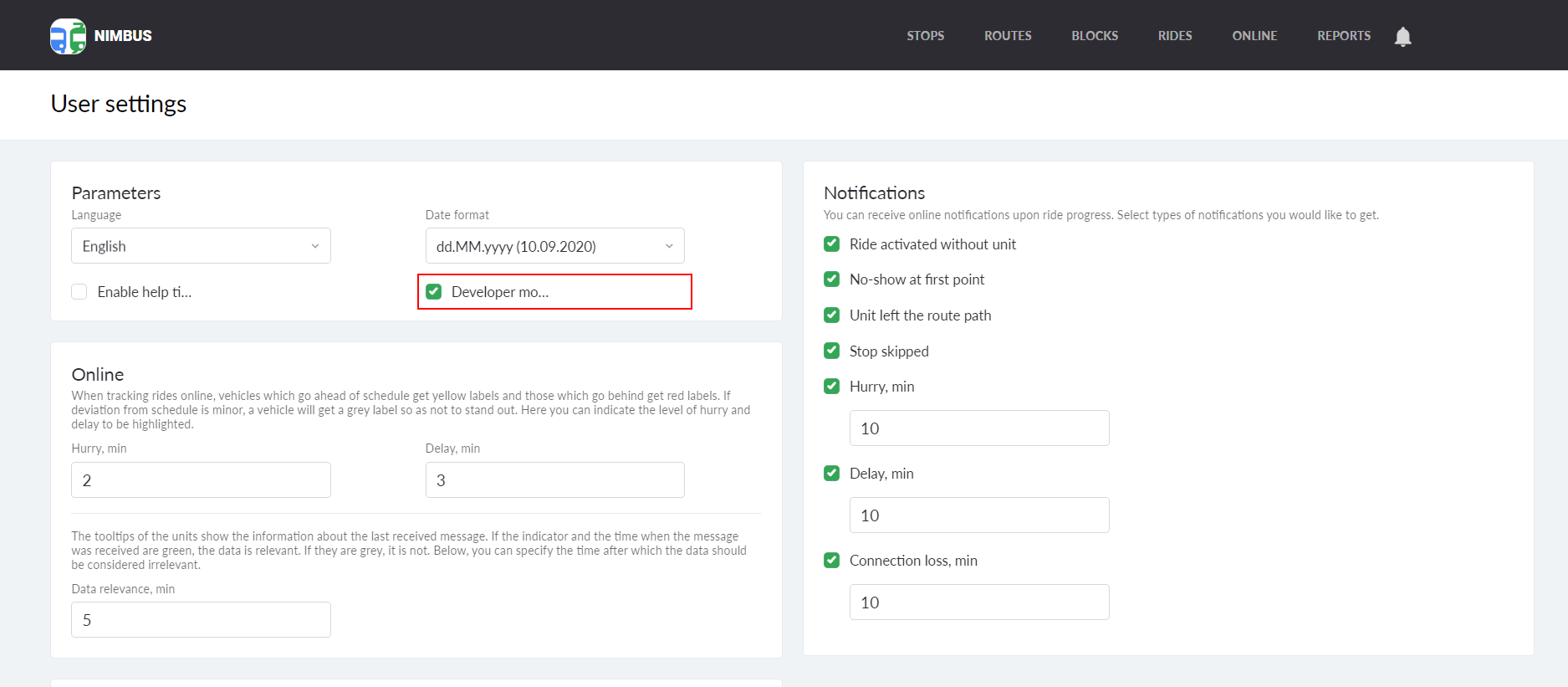 Mode développeur dans les paramètres utilisateur