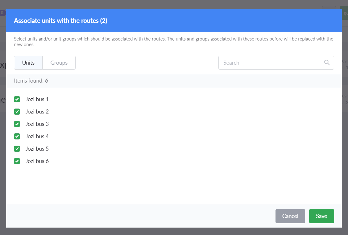 Associate units with the routes dialog