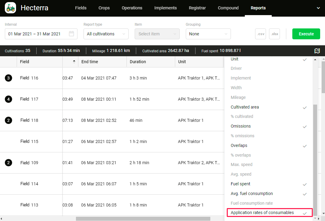 Colonnes avec les consommables dans les rapports