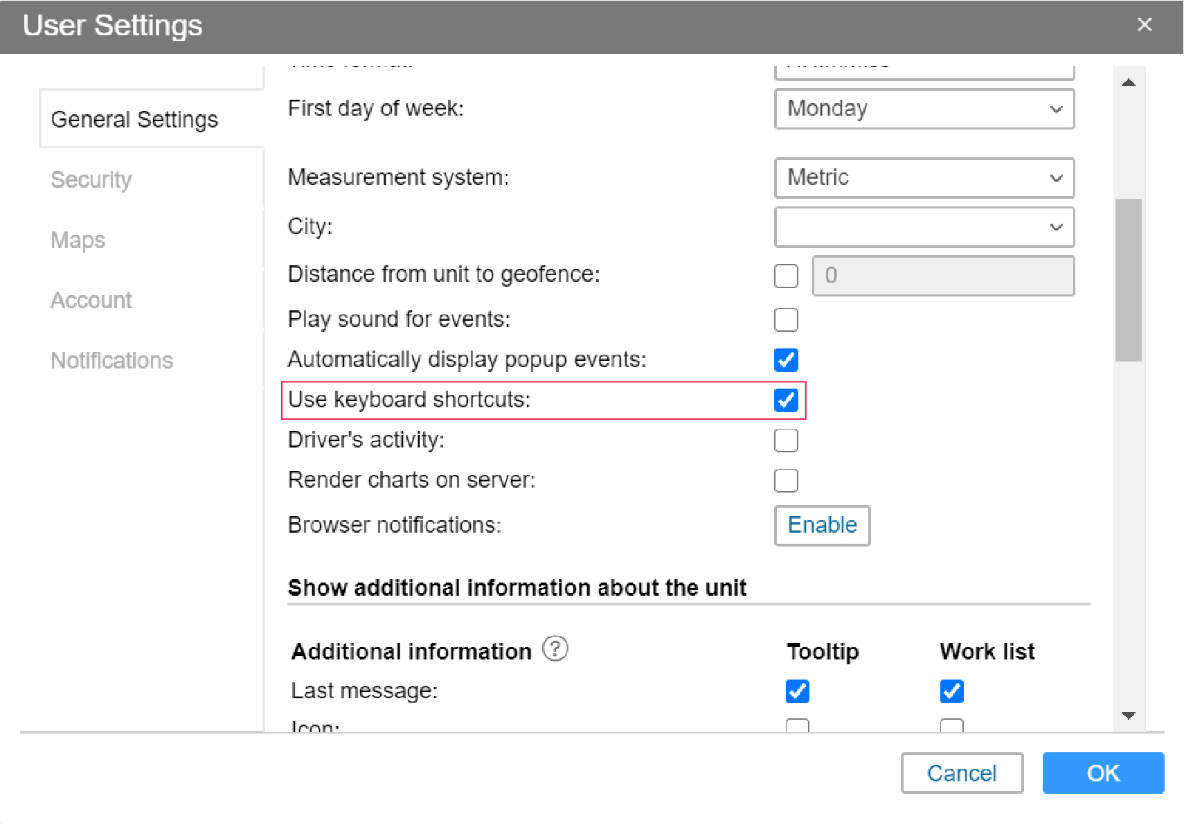 Touches d'accès rapide dans les paramètres utilisateur