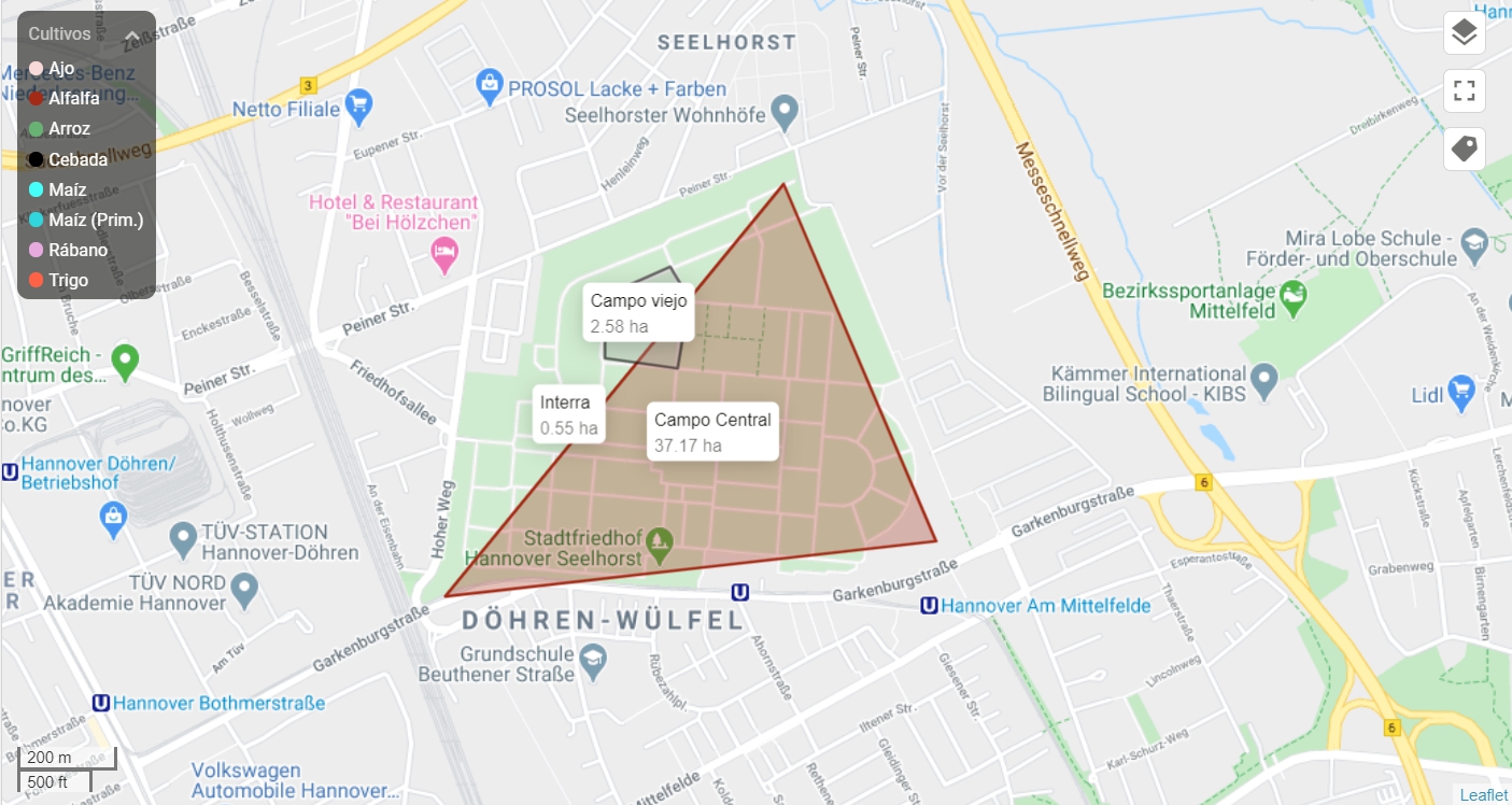 Visualización del área de campos en el mapa