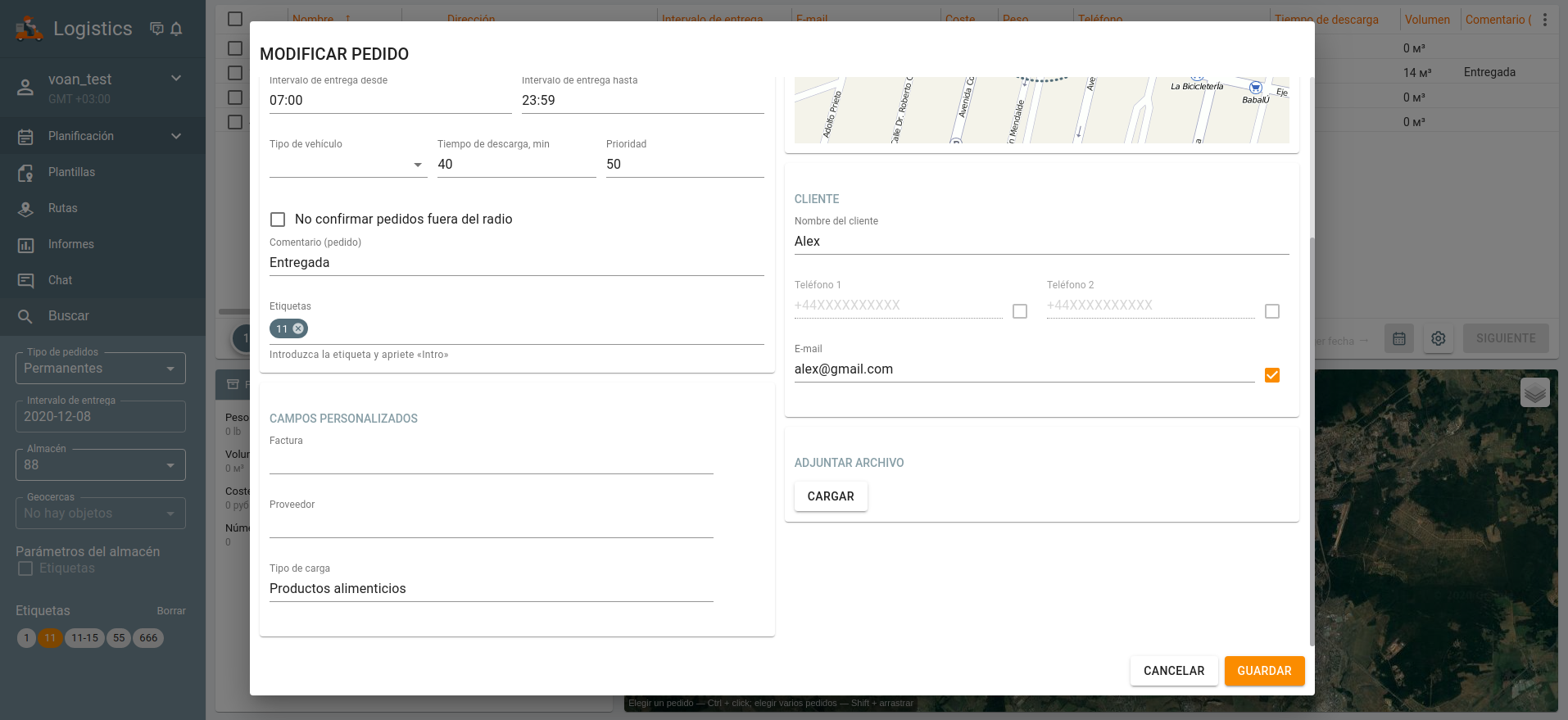 Diálogo de creación/modificación de pedidos