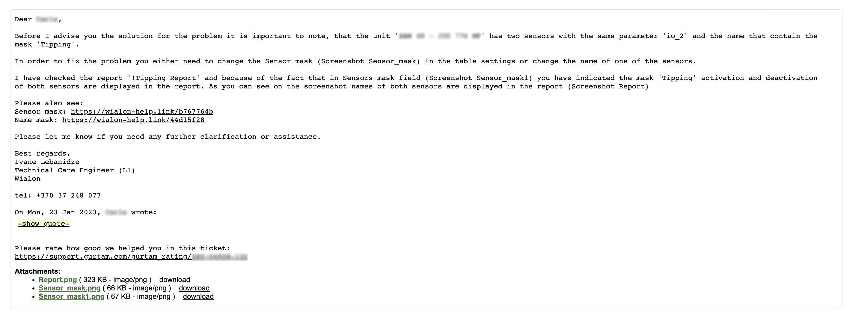 reply from technical support