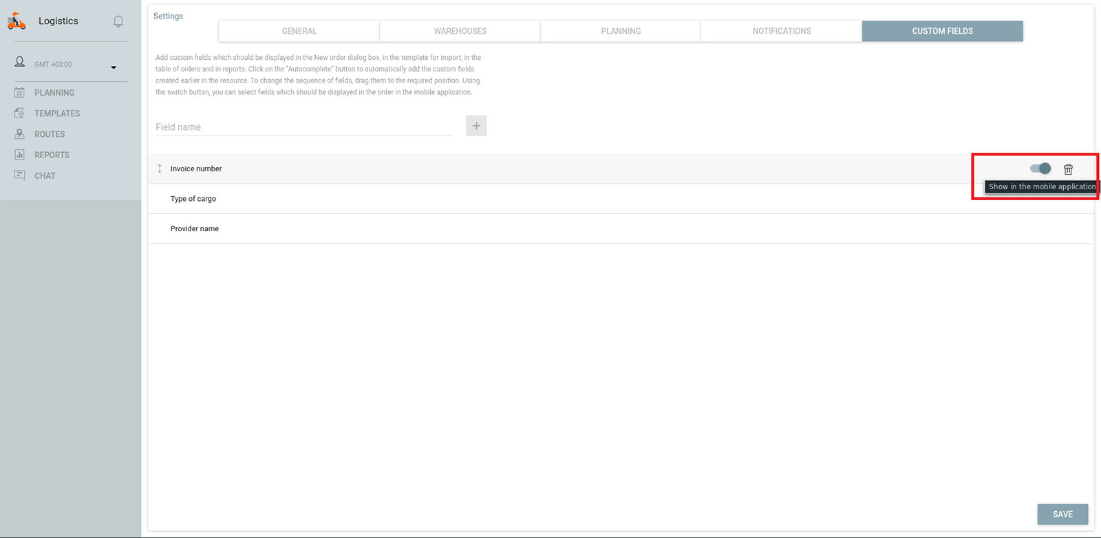 Logistics Filtre pour l'affichage du champ personnalisé dans la version mobile