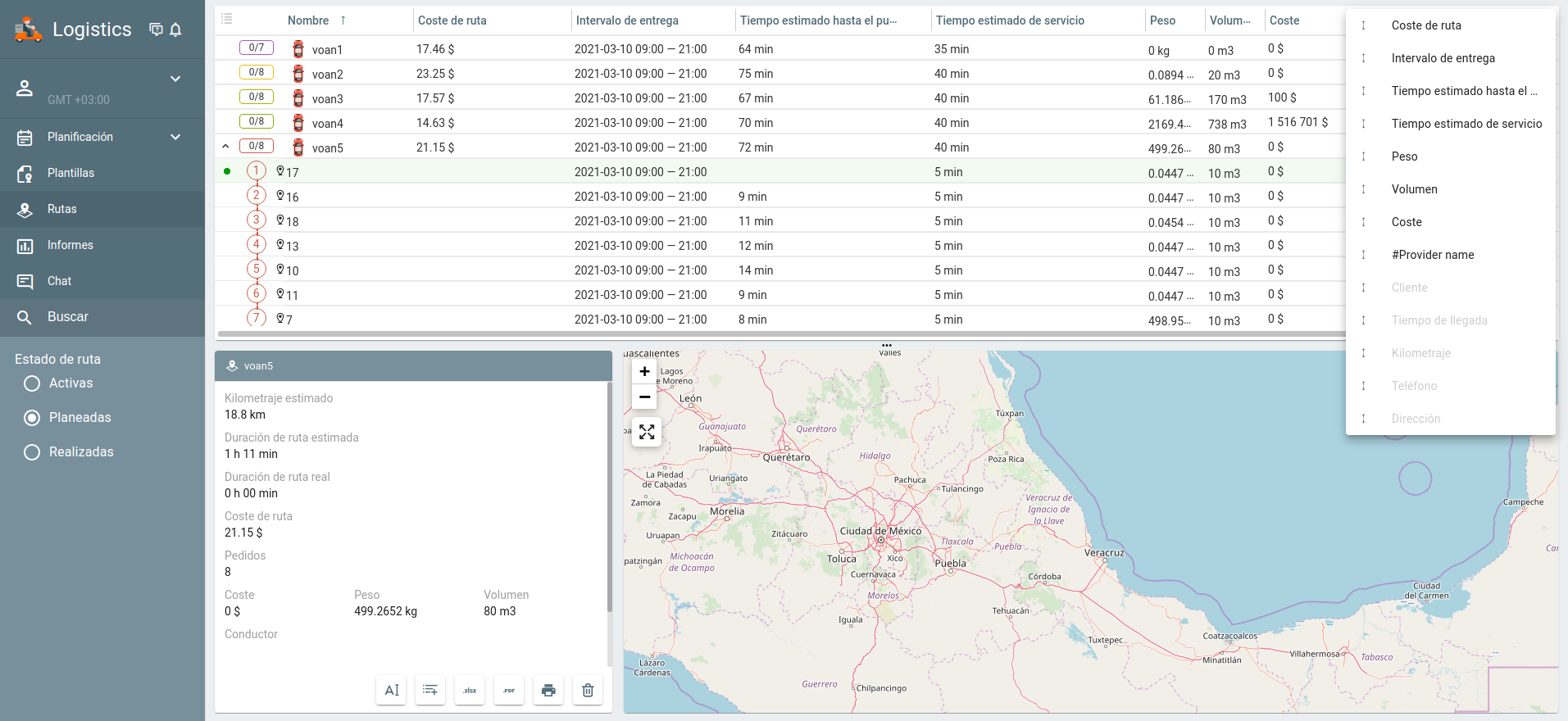 Nuevas columnas en la tabla de la pestaña Rutas