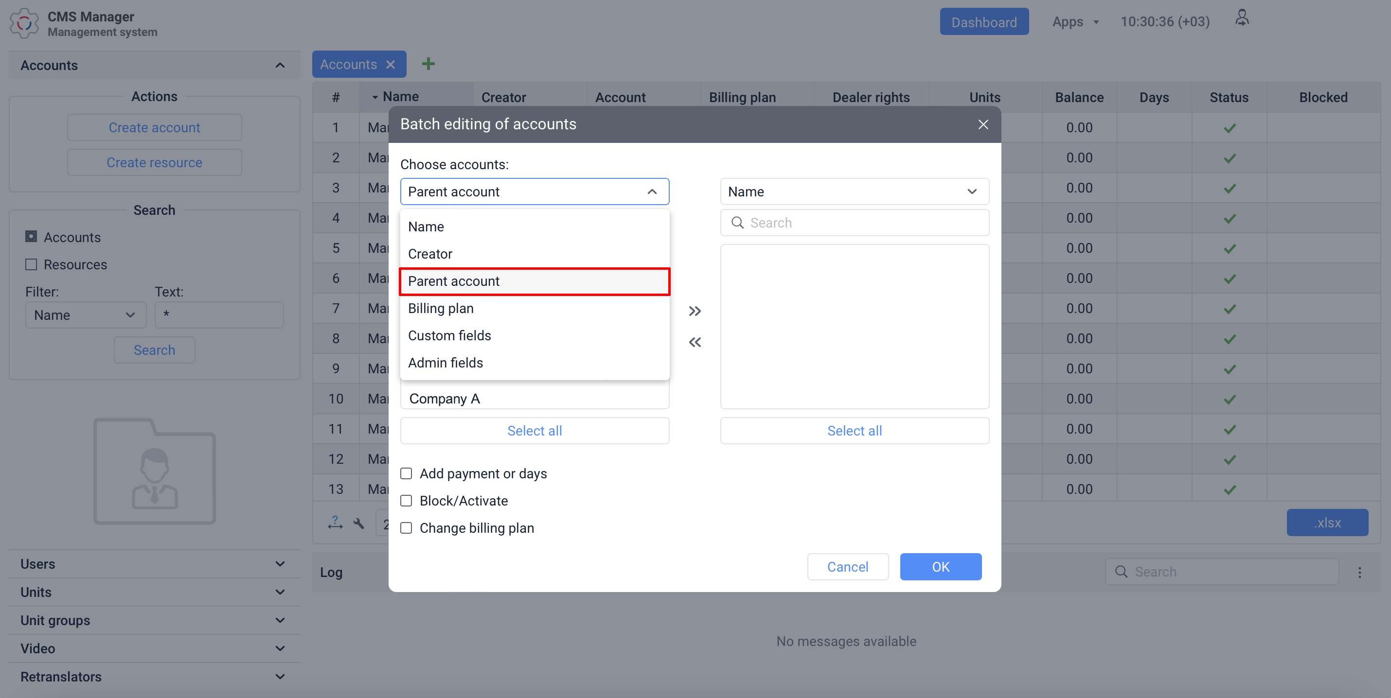 Window displayed during batch editing of accounts