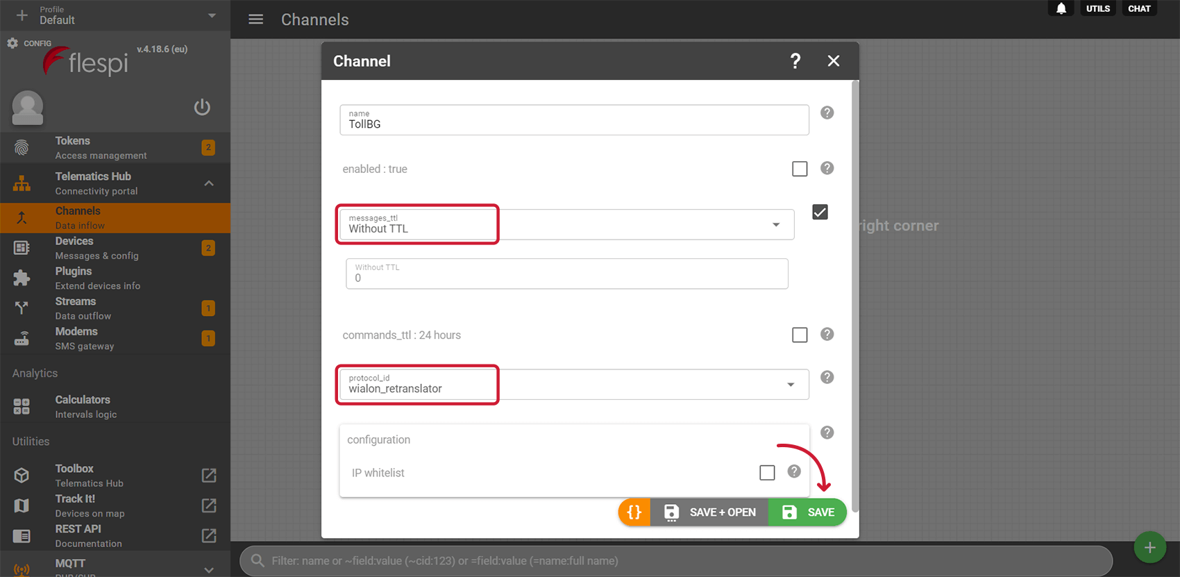 Choisissez wialon_retranslator comme protocol_id