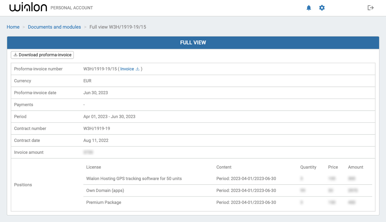 my.wialon.com — Informations complètes sur la facture