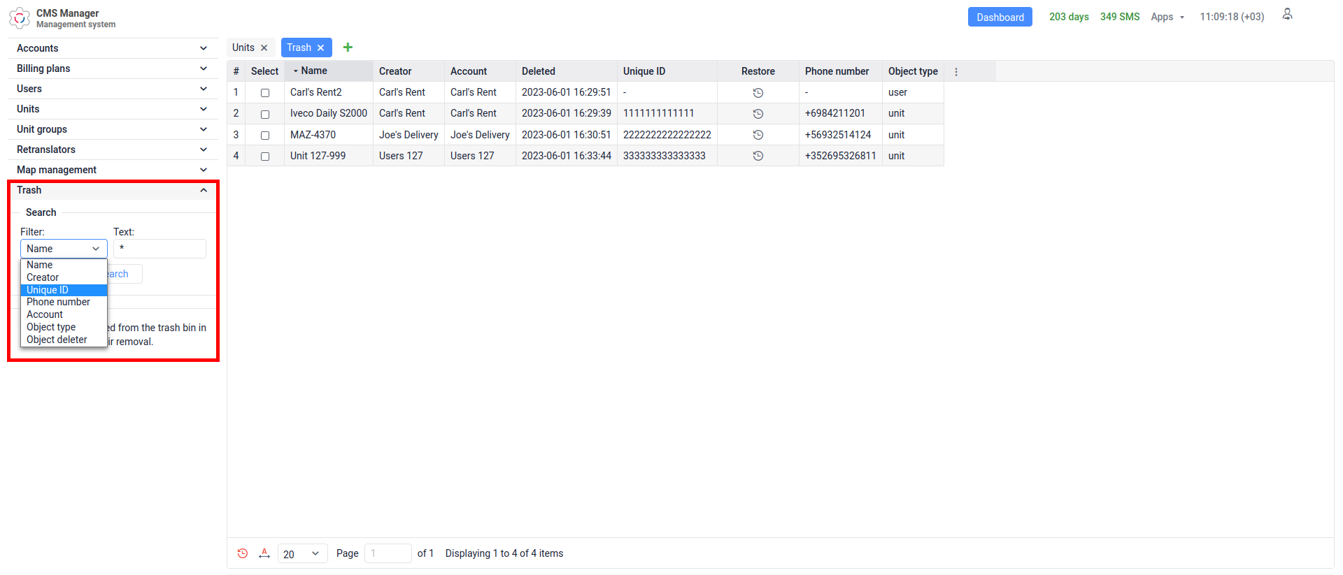 new criteria for searching in the Trash