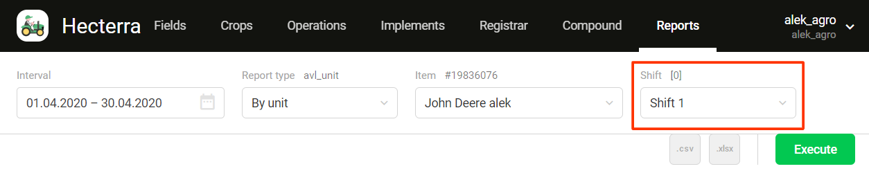 Filtering by shift in reports in Hecterra