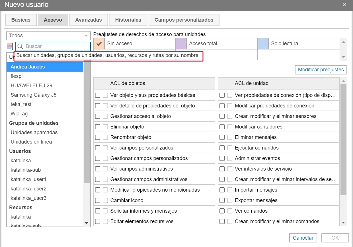 The Access tab in Wialon