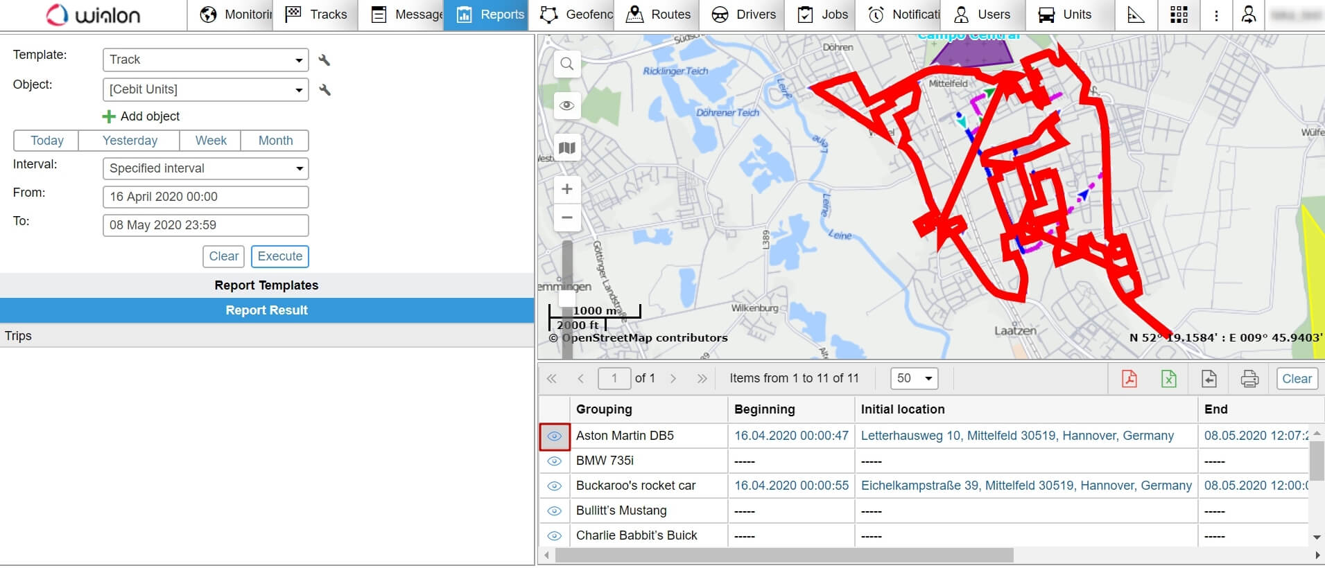 The ride track from the group report