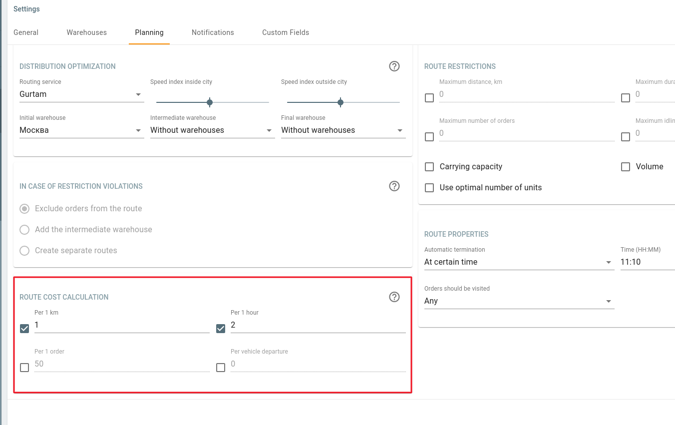 Calcul du coût de l'itinéraire