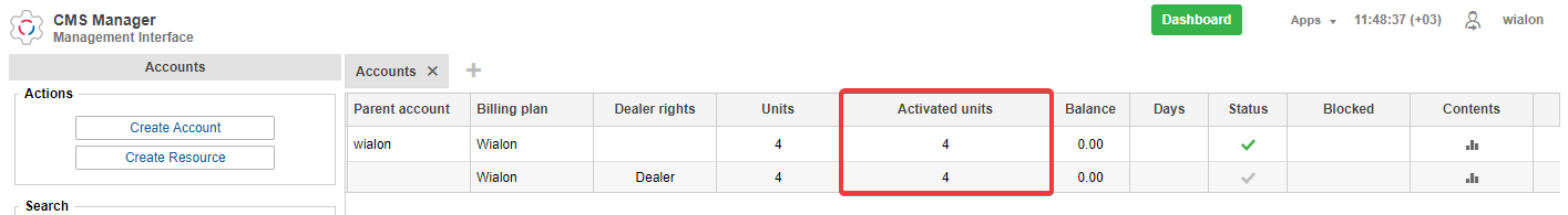  une colonne séparée pour afficher le nombre d'unités activées dans CMS sur l'onglet “Comptes”