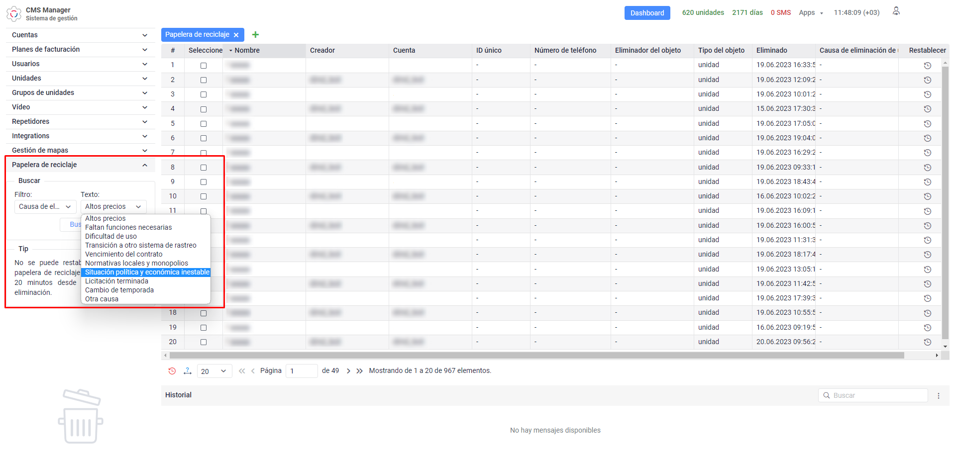 Búsqueda por la causa de eliminación de unidades
